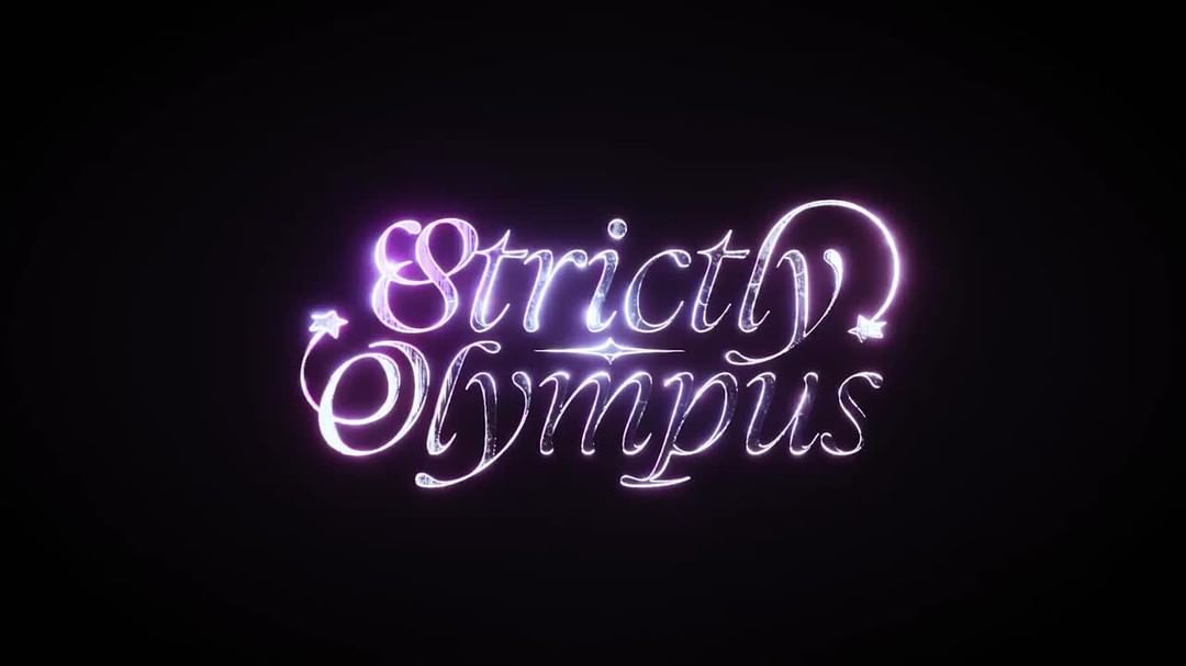 Illuminated text graphic spells out 'Strictly Olympus' with elegant, glowing letters against a stark black background, creating a high-contrast image.