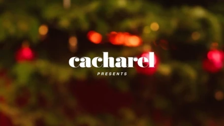 White serif text reading cacharel presents centered over a blurred evergreen tree with red bokeh lights.