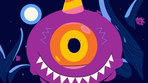Illustration of a whimsical, cyclops-like monster with a cone-shaped hat, set against a stylized, dark blue and purple background with moon and foliage.