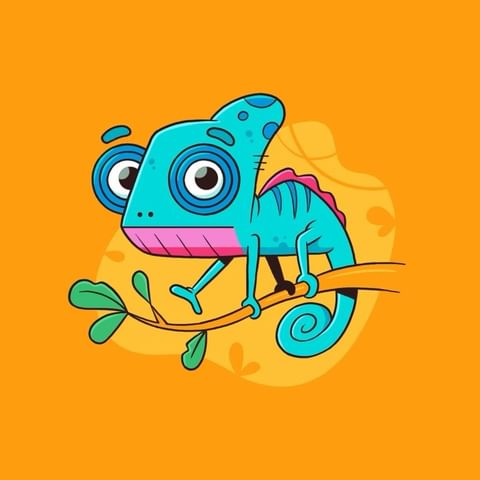 Illustration of a cartoon chameleon perched on a twig with leaves, set against a bright orange background in a whimsical style.