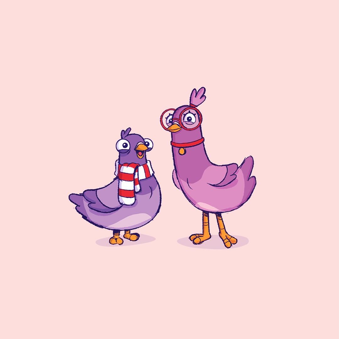 Two cartoon birds stand side-by-side on a pink background. One wears a striped scarf and the other is adorned with glasses.