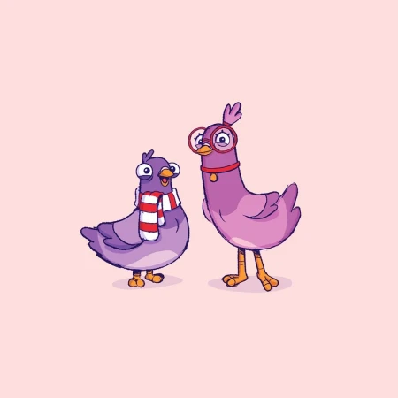 Two cartoon birds stand side-by-side on a pink background. One wears a striped scarf and the other is adorned with glasses.