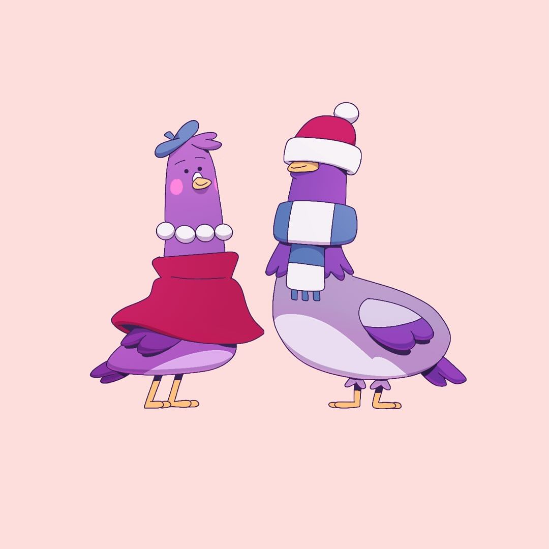 Illustration of two cartoon pigeons. One pigeon wears a beret, pearls and a cape. The other wears a winter hat and scarf.