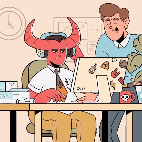 Cartoon illustration of a red-skinned devil character working at a desk with a smiling human coworker, featuring a computer with stickers.