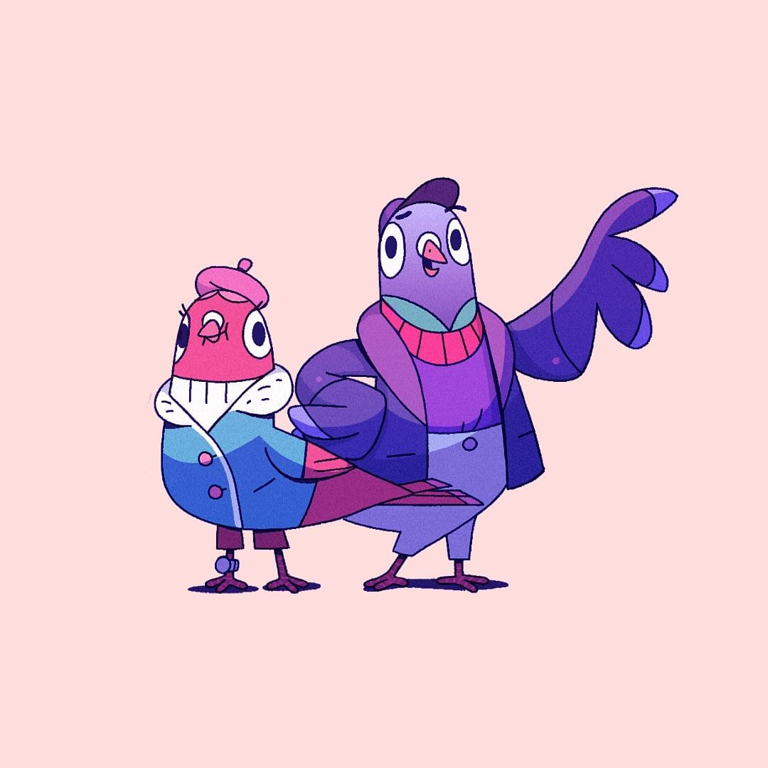 Illustration of two pigeon characters in stylish clothing, one wearing a beret and coat, the other in a suit, set against a light background.