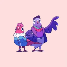 Two illustrated cartoon pigeons wearing winter coats and hats against a pale pink background