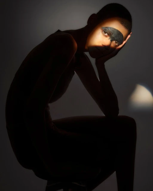 Woman with face mask in dark lighting. Close-up portrait of person sitting with light across the face and shadow silhouette background.