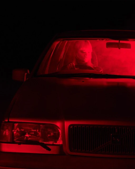 Red-lit car interior featuring a woman in the driver's seat, creating a striking and mysterious visual composition in dark environment.