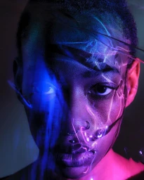 Close-up portrait of a person's face illuminated by vibrant blue and magenta neon light projections creating abstract light patterns.