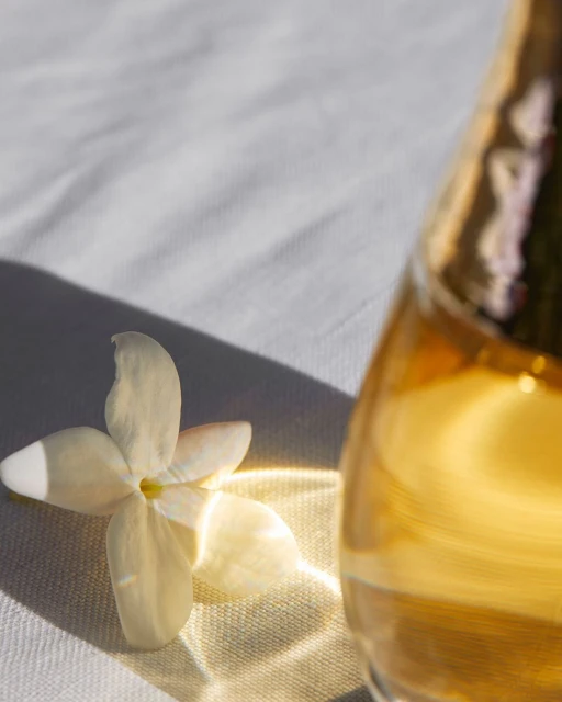 Close-up of a white flower next to a glass bottle with yellow liquid on a white fabric surface, creating soft shadows.