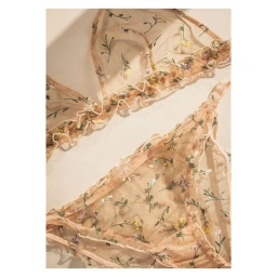 Sheer nude mesh lingerie set with delicate embroidered floral details and ruffled trim on a neutral background