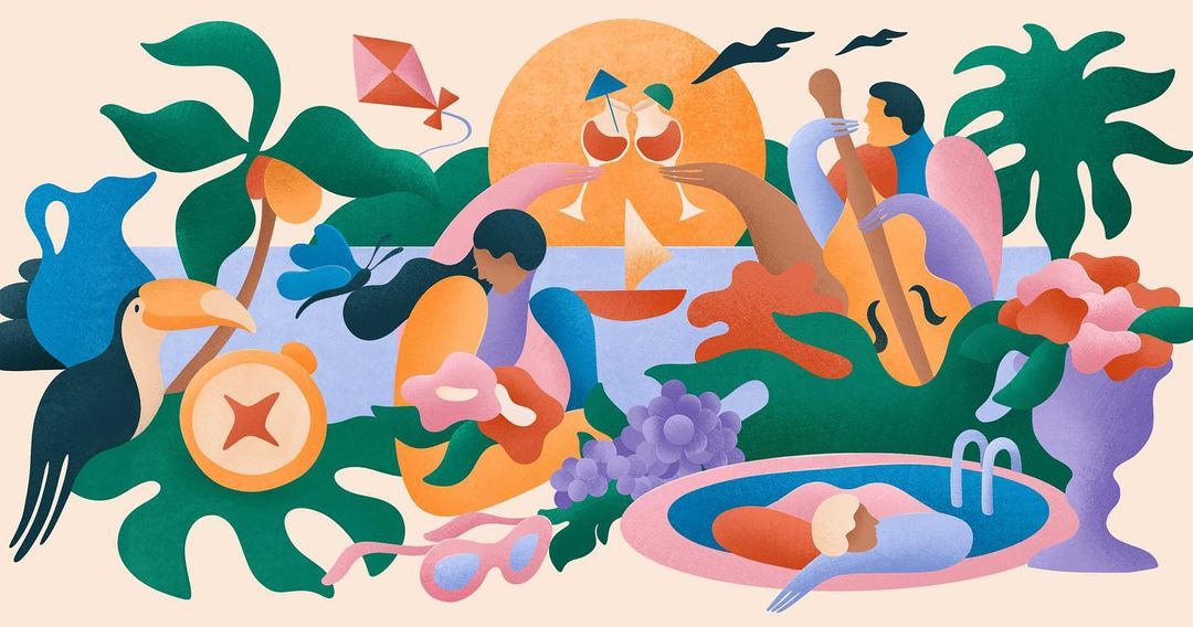 Colorful illustration of people relaxing by a pool, enjoying tropical drinks, listening to music, and lounging on a sunny day.