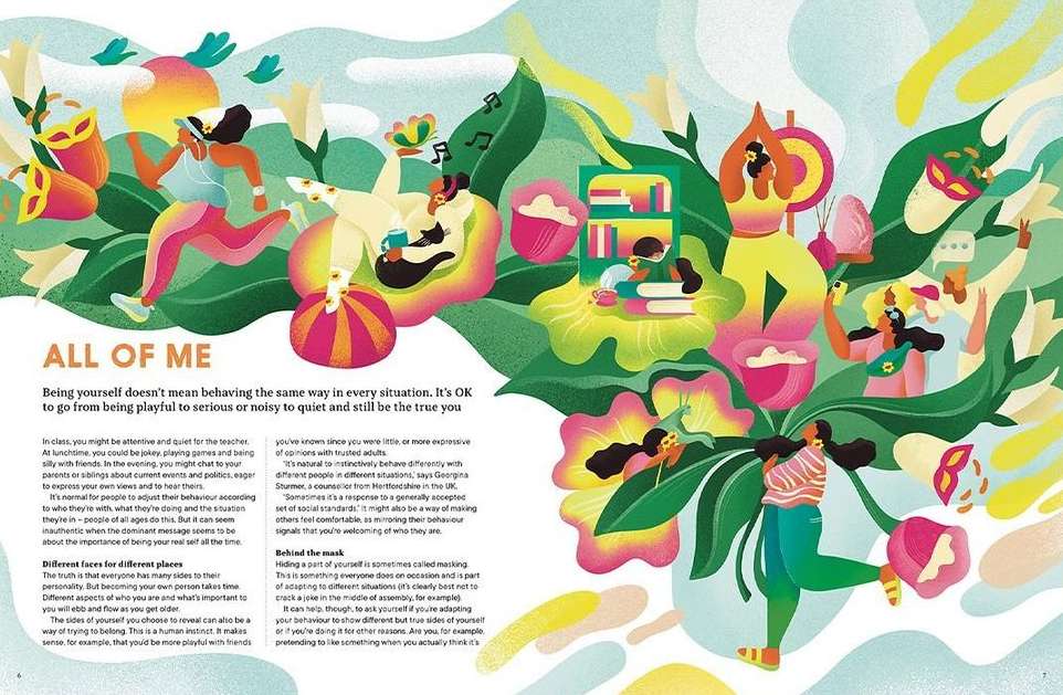Illustration of diverse women in active poses, set against a vibrant backdrop of stylized foliage, flowers, and musical notes.