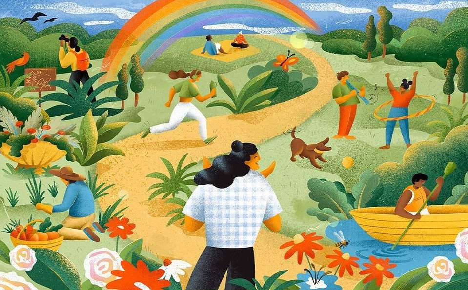 Illustration of people enjoying outdoor activities such as running, rowing, gardening, and playing music in a lush, colourful landscape with a rainbow.