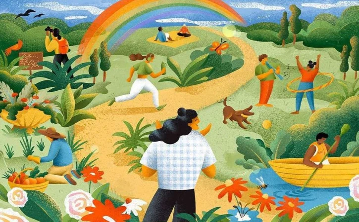 Illustration of people enjoying outdoor activities such as running, rowing, gardening, and playing music in a lush, colourful landscape with a rainbow.