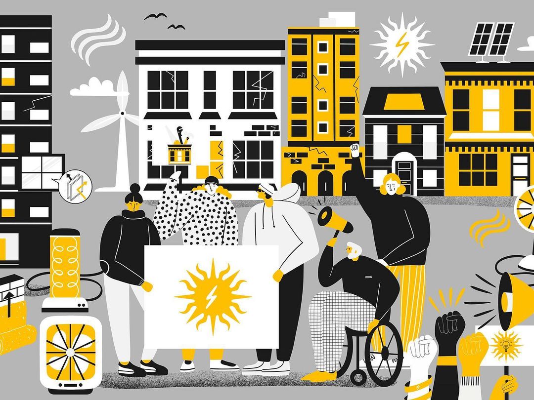 Illustration of people protesting for green energy in a city with wind turbine, solar panels, megaphones and signs with sun icons.