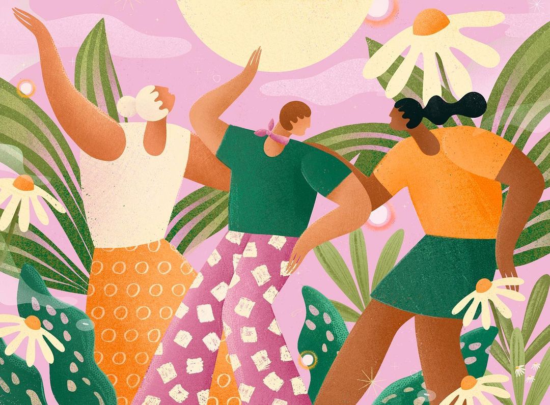 Illustration of three women standing in a field with green plants and daisies, set against a pink background with a yellow sun.