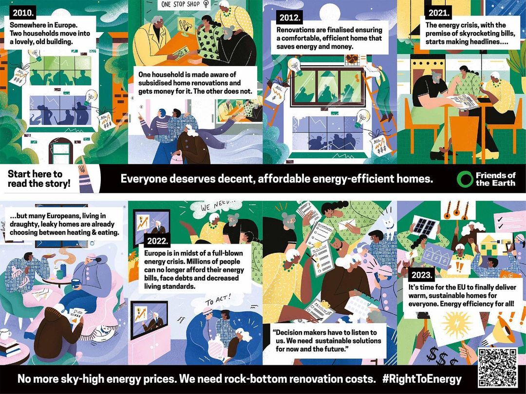 Illustrated timeline graphic depicting the European energy crisis from 2010 to 2023 with people, houses, and data. Campaign art.