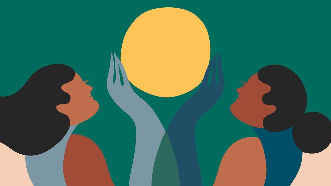 Illustration of two women facing a yellow circle with hands raised against a dark teal background, vector art graphic design.