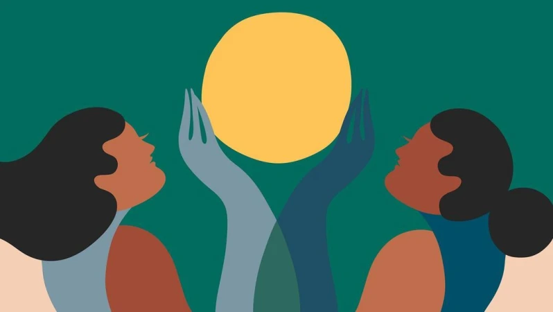 Illustration of two women facing a yellow circle with hands raised against a dark teal background, vector art graphic design.