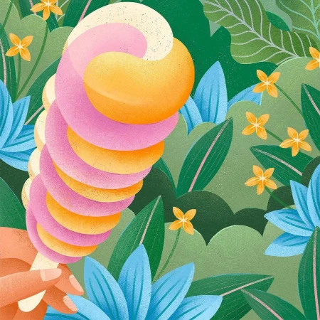 Illustration of a hand holding a colorful ice cream cone with a swirled design, set against a backdrop of stylized flowers and leaves.