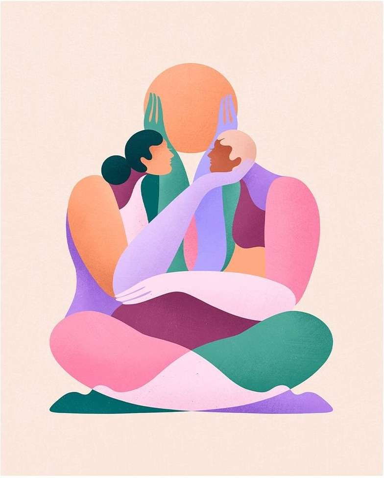 Illustration of two figures in a loving embrace against a warm backdrop, rendered in a contemporary, graphic style with bright hues.