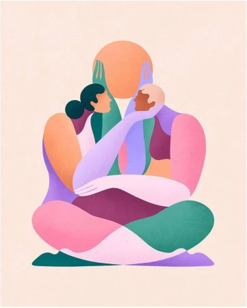 Digital illustration by Maggie Stephenson showing two abstract figures sitting cross-legged and embracing under a large sun.