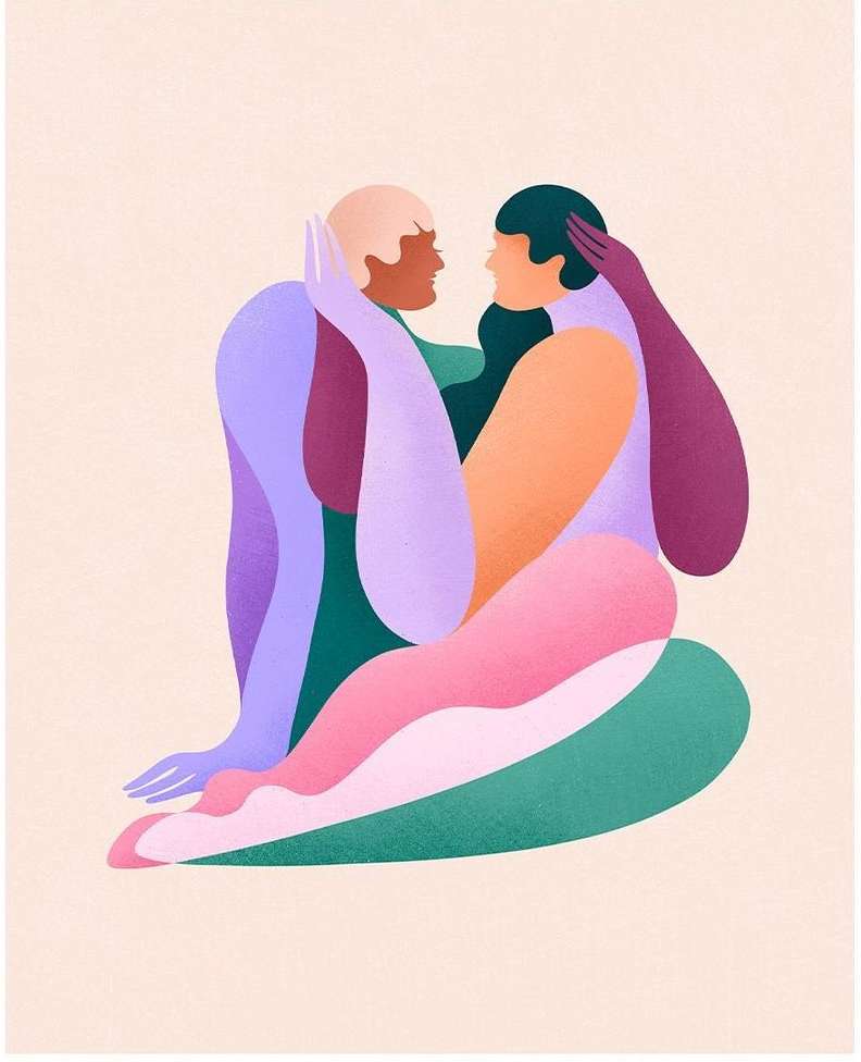Illustration of a romantic couple seated, facing each other with their hands on each other's faces, on a cream background.