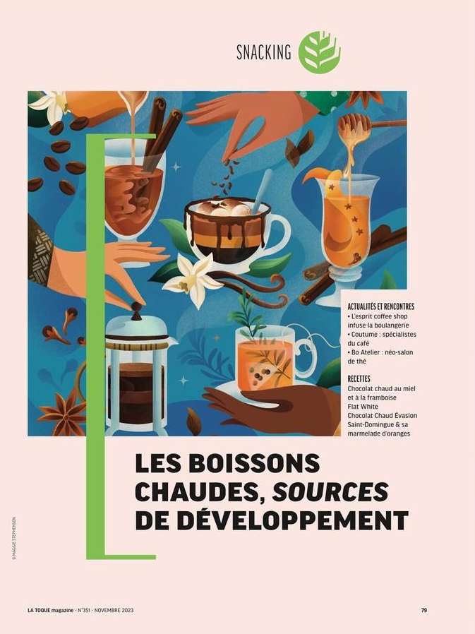 Magazine cover illustration featuring an array of hot beverages, including coffee, tea, and hot chocolate with artistic presentation.