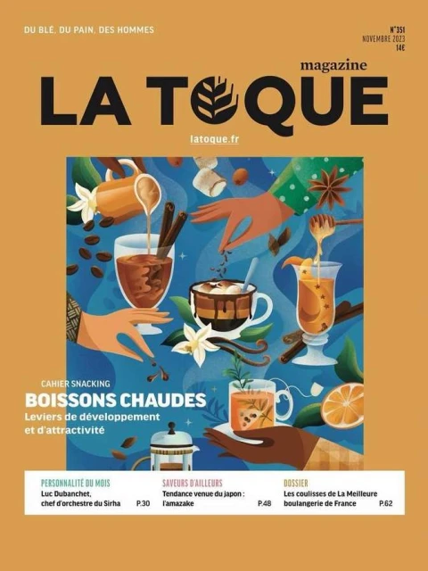 Magazine cover of La Toque featuring illustrated hot beverages, hands, and ingredients like coffee beans, vanilla, and spices.