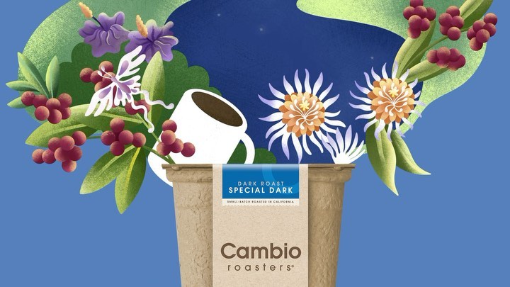 Coffee cup illustration featuring coffee beans, leaves, and flowers set against a blue background with the brand logo in the foreground.