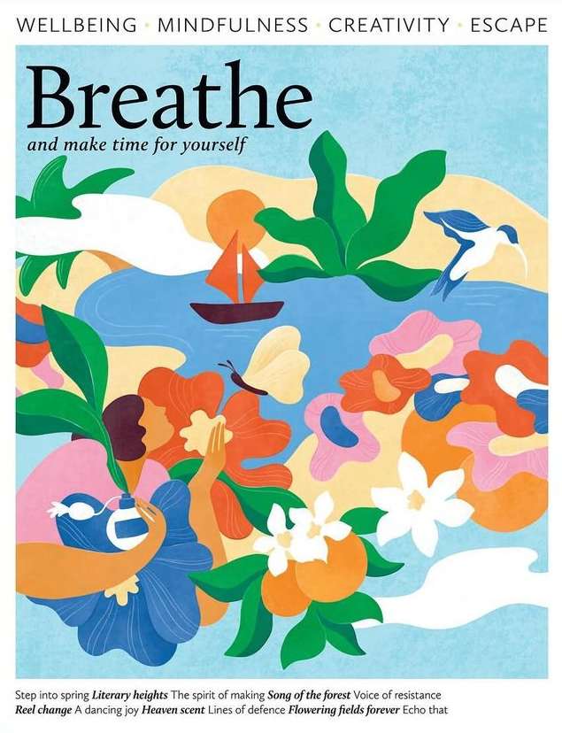Magazine cover illustration of a sailboat on a lake, flowers, foliage, and a bird against a blue and beige background.
