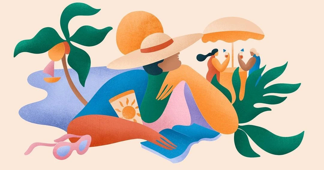 Illustration of an adult in a sunhat reading a book on the beach with a palm tree, beach umbrella, sunglasses, and ocean.