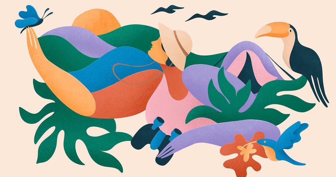Illustration of a woman with binoculars looking at a toucan and bird. Butterfly on hand. Decorative leaves and rolling hills in the background.