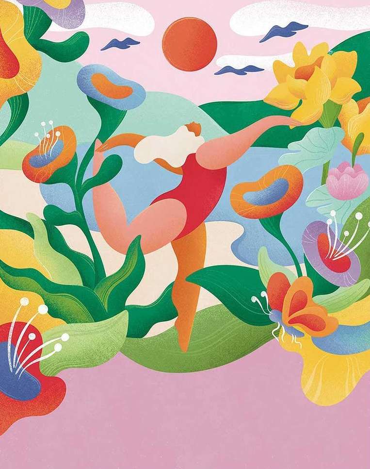 Illustration of woman in yoga pose outdoors surrounded by colorful flowers and plants, set against a sky with sun and clouds.