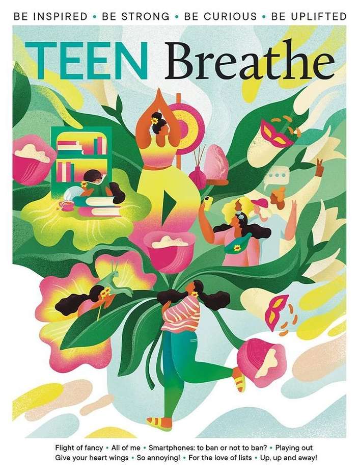 Magazine cover illustration featuring women in various poses surrounded by greenery and flowers, with the title 'Teen Breathe' displayed.