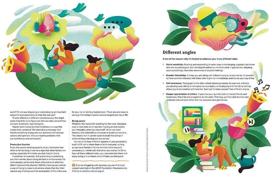 Colorful illustration of two women watering flowers and another reading near a black cat, evoking themes of neurodiversity and self-acceptance.