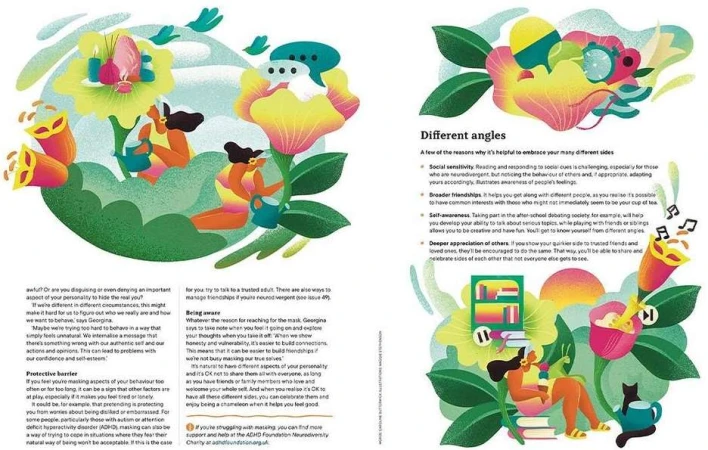 Colorful illustration of two women watering flowers and another reading near a black cat, evoking themes of neurodiversity and self-acceptance.