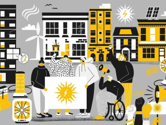 Illustrated group of diverse people holding banners and protesting in front of stylized urban buildings.
