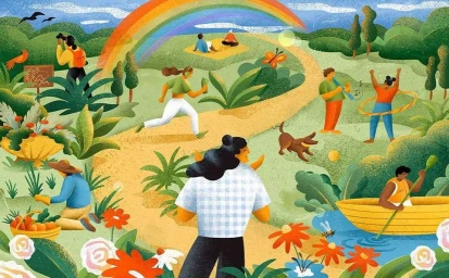 Colorful landscape illustration featuring multiple figures enjoying outdoor activities beneath a rainbow, by Maggie Stephenson