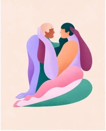Stylized illustration of two figures embracing intimately in soft pastel and bold jewel tones by Maggie Stephenson