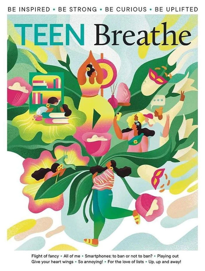 Magazine cover illustration by Maggie Stephenson featuring stylized figures interacting with vibrant tropical plants and flowers.