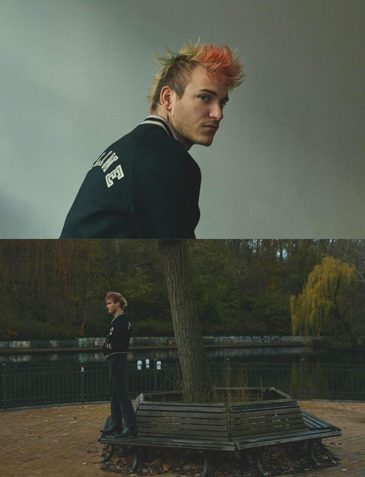 Portrait of a young man with a mohawk wearing a jacket, shown indoors and standing in a park with a pond, captured in a split-screen.