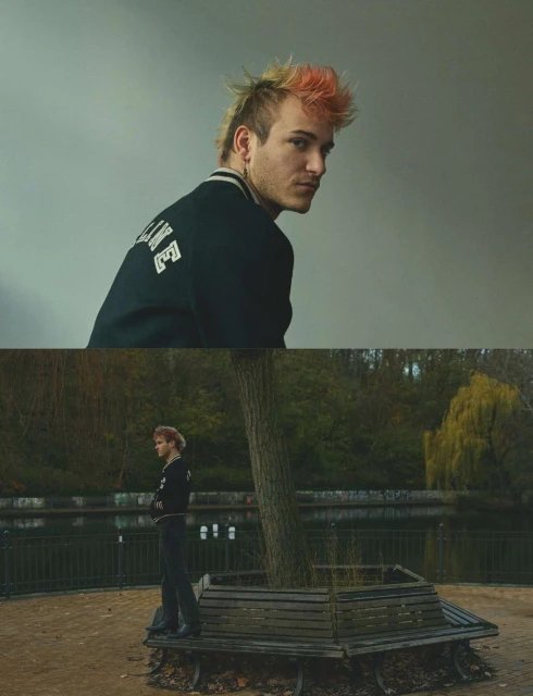 Portrait of a young man with a mohawk wearing a jacket, shown indoors and standing in a park with a pond, captured in a split-screen.