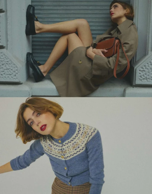 Woman in a trench coat poses with a purse in the top half; woman in cardigan in the bottom half on a white backdrop.