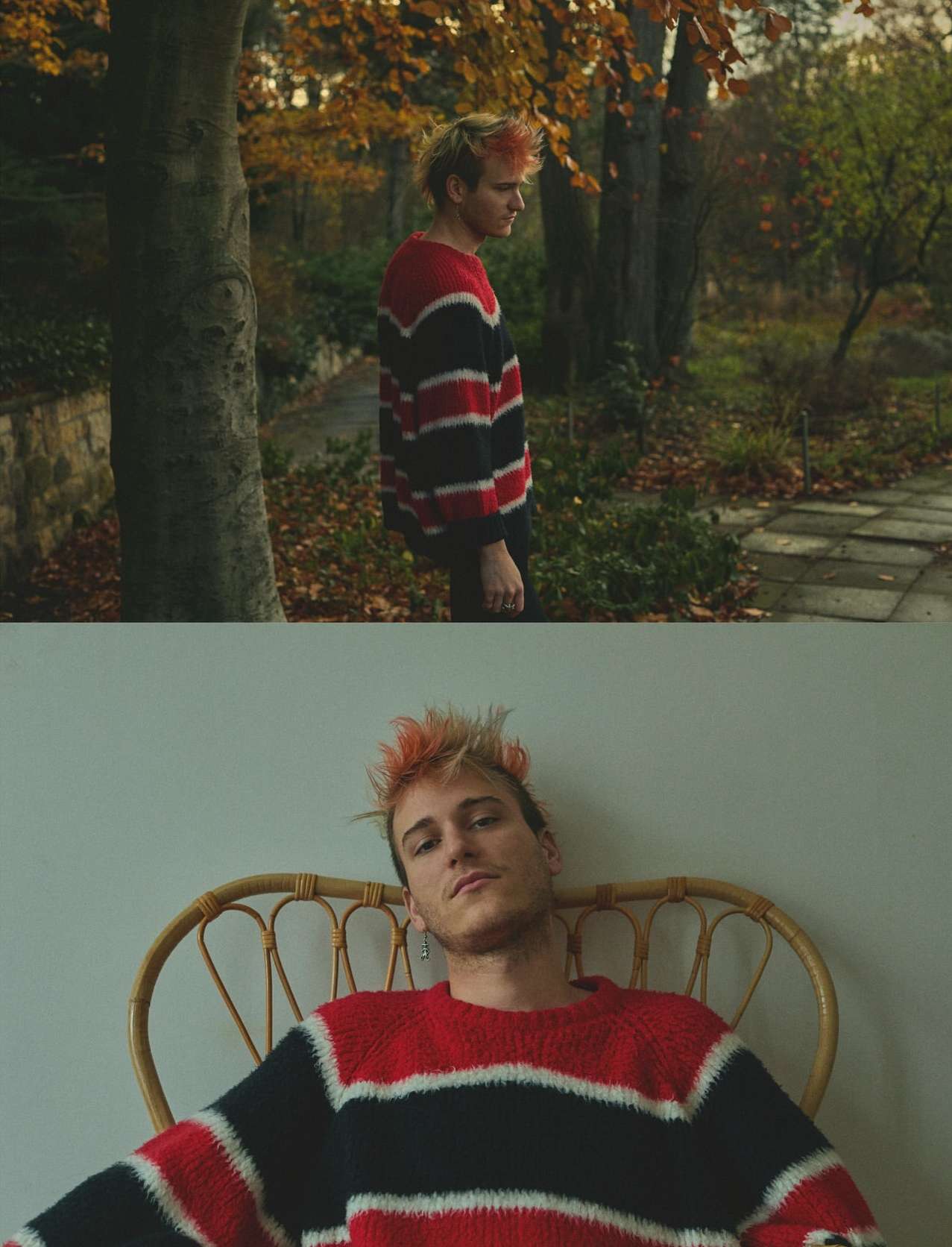 Portrait of a young adult man with dyed blonde hair wearing a striped sweater, posing indoors and outdoors in a natural setting.