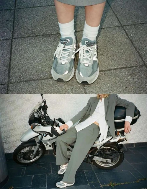 Two-part image shows running shoes with socks on cobblestones, and a person in a suit on a motorcycle with matching running shoes.