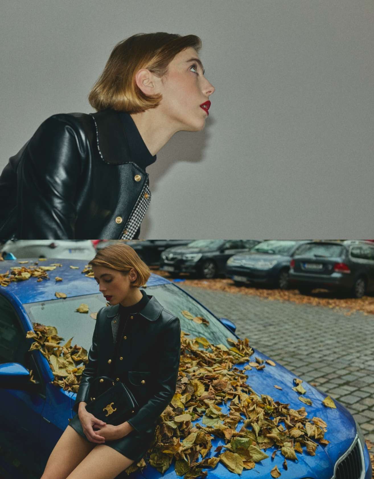 A stylish woman in a black jacket poses next to a blue car covered in autumn leaves, set against a grey cityscape backdrop.
