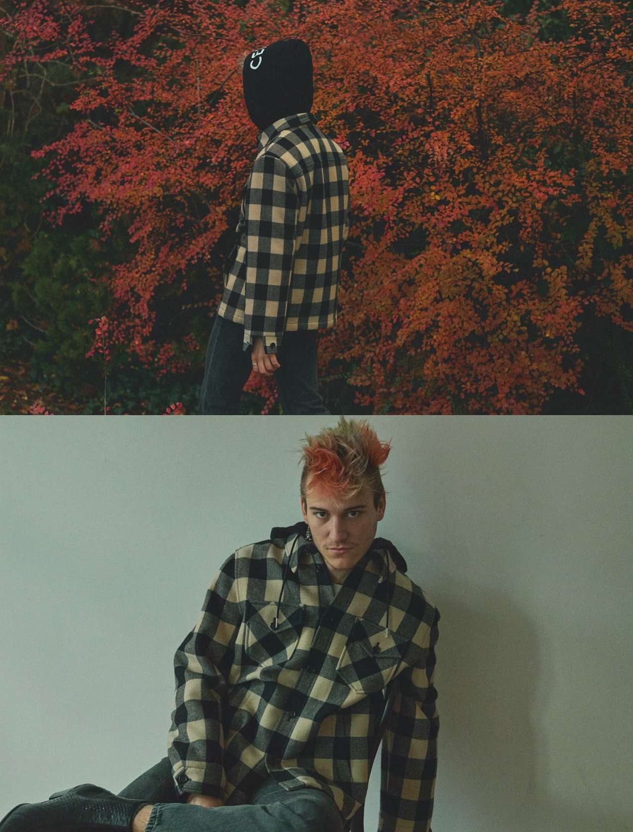 Split screen fashion portrait. Man in black hoodie and checked coat against leaves; second image shows man in checkered coat indoors.