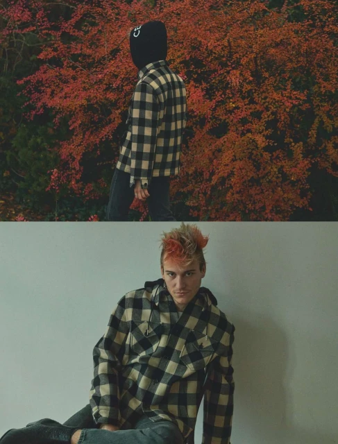 Split screen fashion portrait. Man in black hoodie and checked coat against leaves; second image shows man in checkered coat indoors.